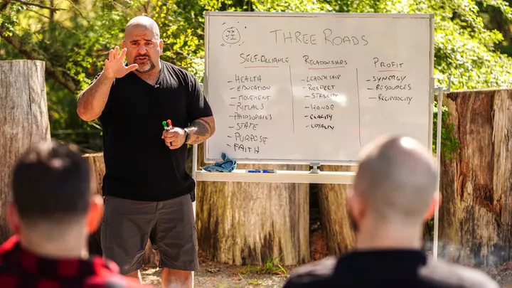 Master Chim teaching the Three Roads at an outdoor whiteboard to two men