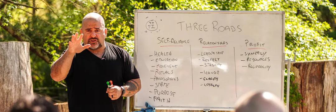 Master Chim teaching the Three Roads at an outdoor whiteboard