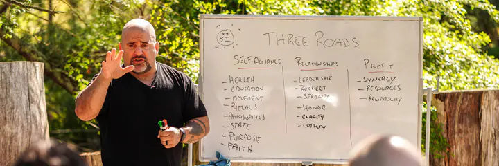 Master Chim teaching the Three Roads at an outdoor whiteboard