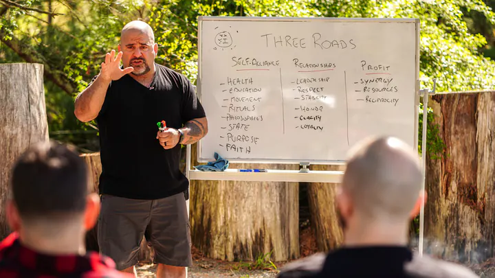 Master Chim teaching the Three Roads at an outdoor whiteboard to two men