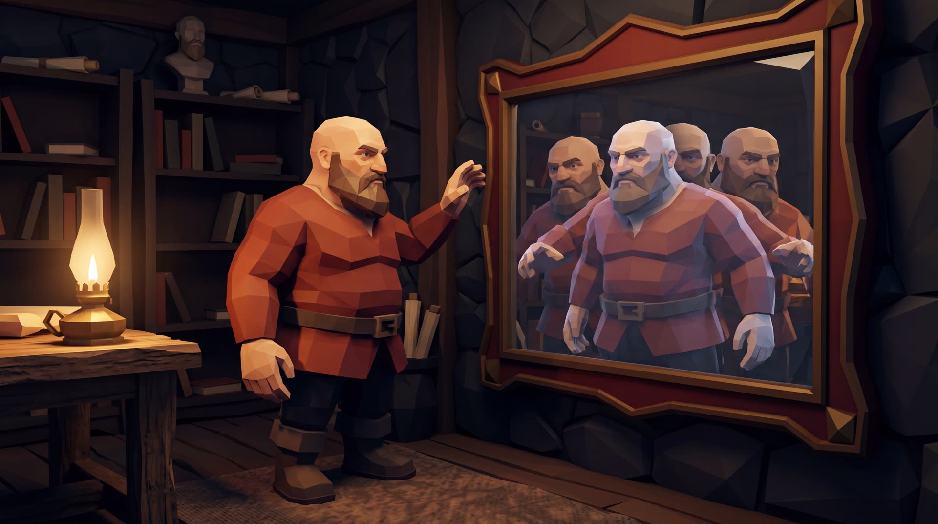 Low-poly scene of a bald bearded figurine studying a mirror that reflects multiple overlapping copies of himself, only some of them authentic.