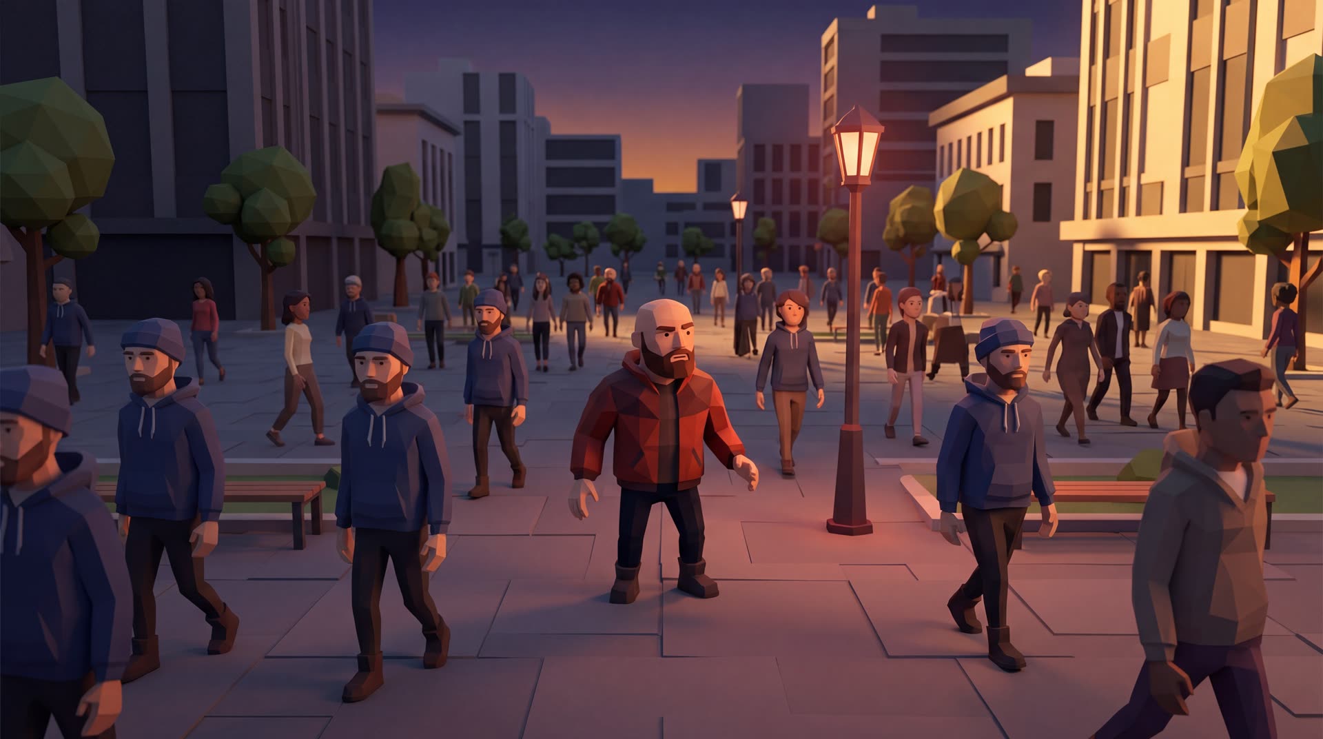 Low-poly scene of a bald bearded figurine standing in a crowd where half the surrounding figures are identical synthetic copies he can no longer distinguish from real people.