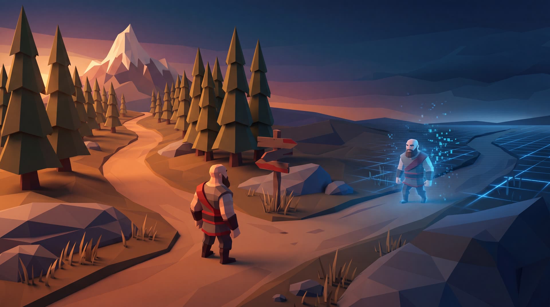 Low-poly scene of a bald bearded figurine at a crossroads, choosing one road while a digital replica of himself continues down the other road past the horizon.