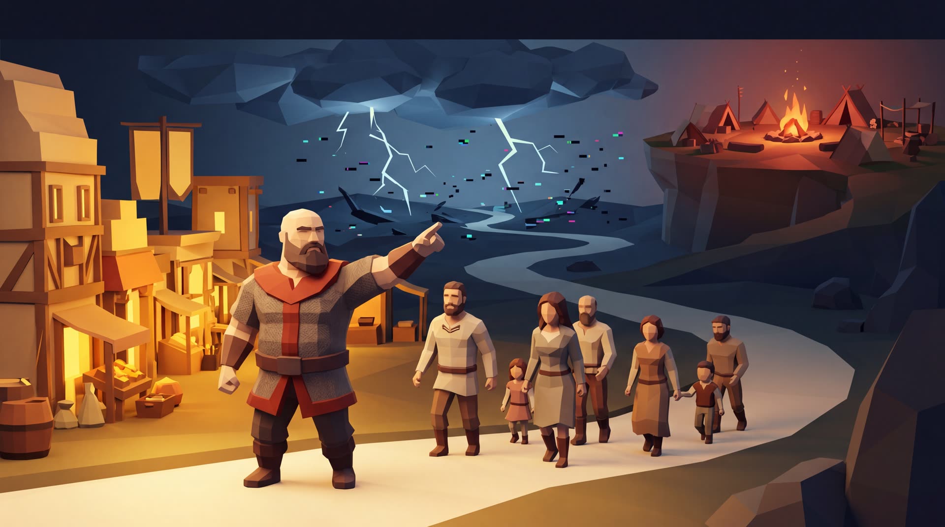 Low-poly scene of a bald bearded figurine leading a small tribe of figurines through a transitioning landscape that shifts from a warm marketplace through a storm into an elevated secured camp.