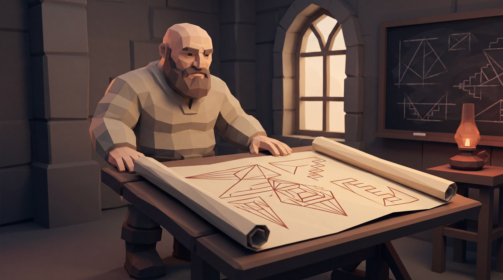 Low-poly scene of a bald bearded figurine in a scholarly chamber studying an unfurled architectural schematic on a drafting table, oil lamp and arched window lighting the room.