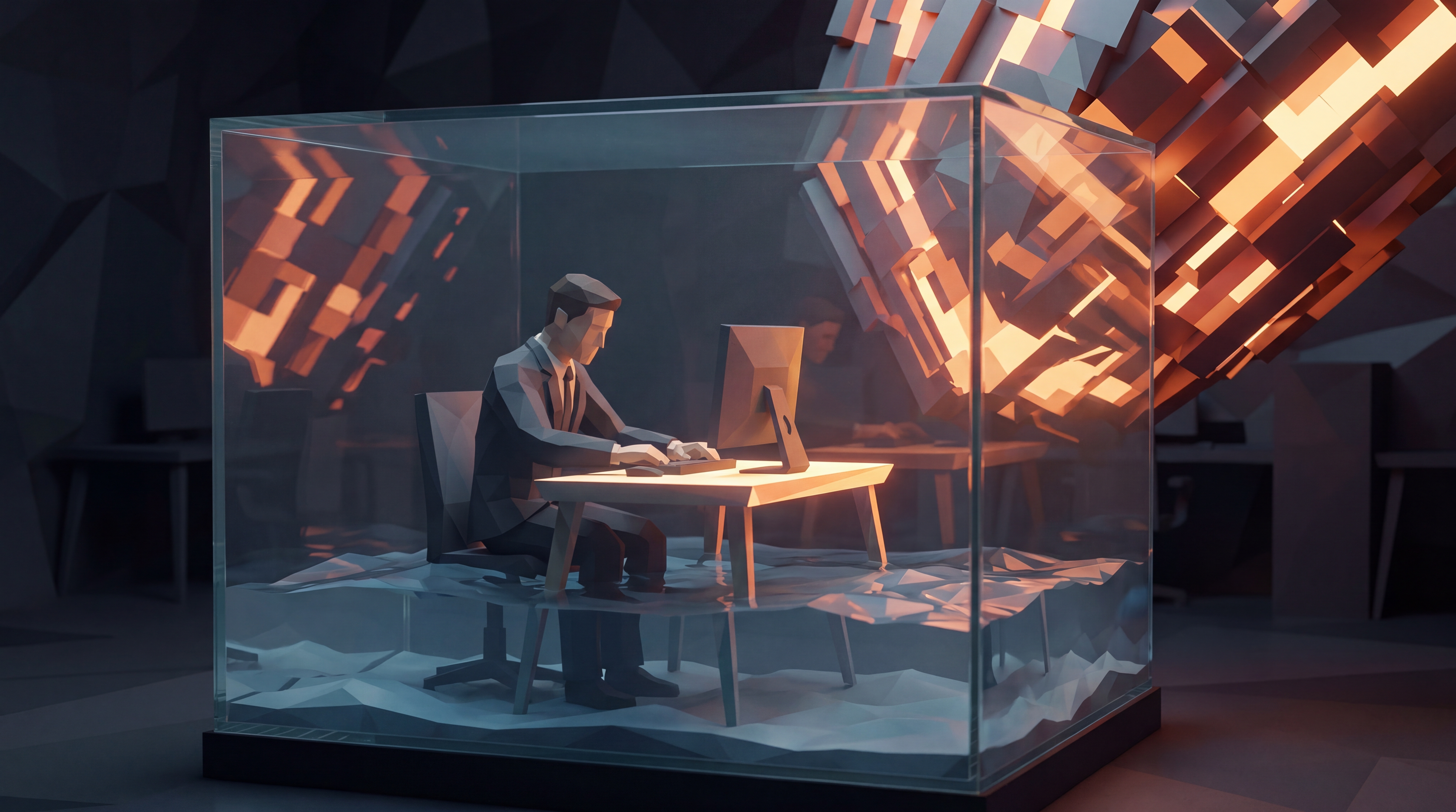Low-poly figurine in a suit working at a desk inside a glass aquarium while water rises around his feet.